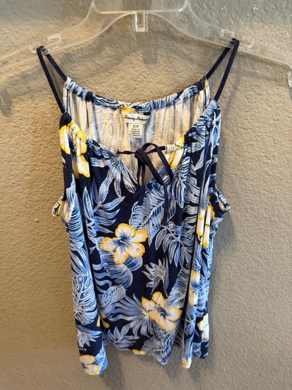 Tommy Bahama S Tropical Hibiscus Floral Tank Top Navy Blue Yellow Resort EUC